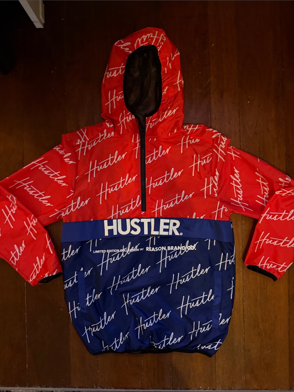 Hustler Hollywood Red and Blue Colorblock Hooded Puffer